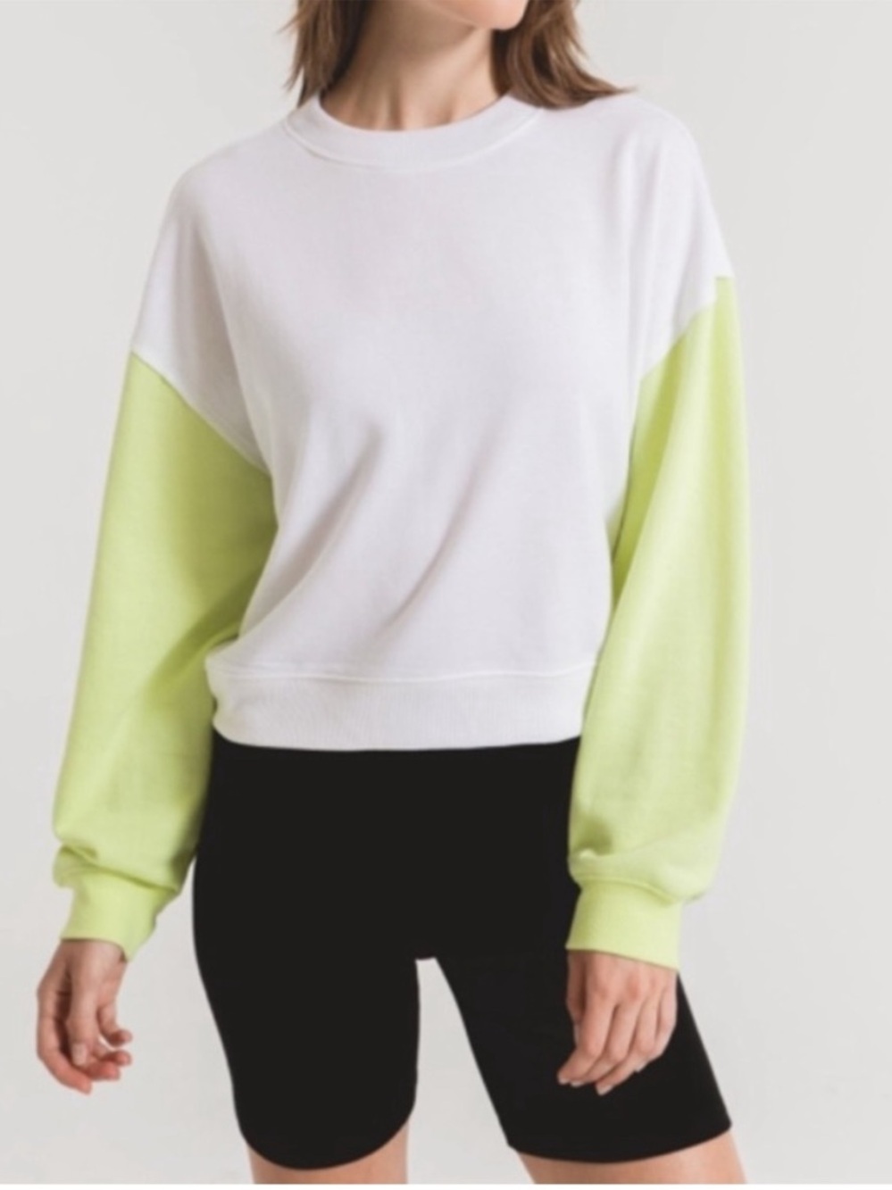 Z Supply Color Block Crewneck Sweatshirt White Neon Lime Green Size Large